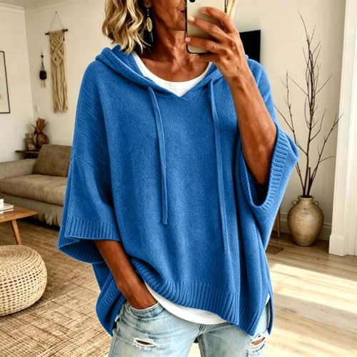 Hooded Sweater Women 3/4 Sleeve Hoodies Drawstring Loose Knit Pullover Tops - image 2