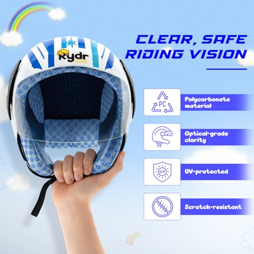 Image of RydrKids-URA Star S-Leo-Blue Motorcycle Helmet with Visor Shield and Helmet Bag, Size XS (Ages Upto 8 Years Blue) | Lightweight, Adjustable Safety Helmet for Boys