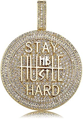 ICEDIAMOND 14K Gold Plated Stay Humble-Hustle Hard Encourage Pendant Necklace, Iced Out CZ Diamond Hip Hop Charm Jewelry for Men Women