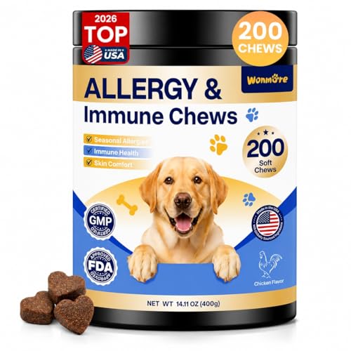 Dog Allergy Chews, Itchy Skin & Paw Licking Support, Probiotics for Dogs, Immune & Gut Health, Seasonal Allergy Formula, Skin & Coat Health, Chicken Flavor Soft Chews, 200 Ct, BlueChampagne