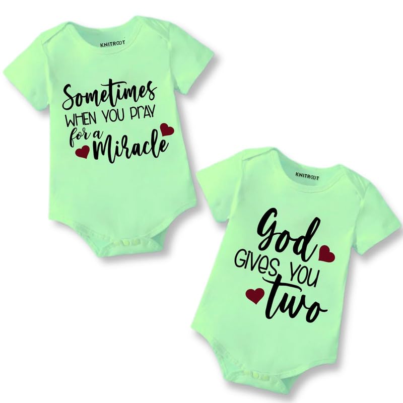 Knitroot Twins Romper, Unisex Baby Kids Twin Onesies, Half Sleeve Bottom Snap Button, Green Cotton Bodysuit, Sleepsuit, Sometimes When You A Pray for A Miracle, 0-3 Months, for Twin Baby Boys & Girls-picture-11