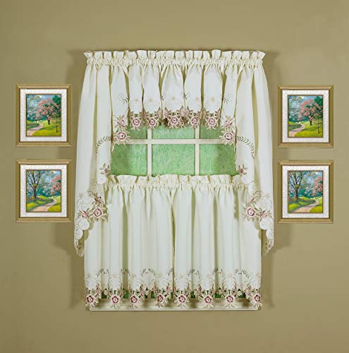 Today's Curtain Verona Reverse Embroidery Window Tier, 36-Inch, Ecru/Rose, W 60" x L 36" (1 Panels)