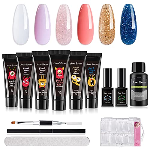 SnowDream Poly Extension Gel Nail Kit - Nail Extension Kit Gift for Women, One Sparkly Shiny Disco Blue Builder Gel, Clear Purple Orange Poly Gel Colors, Glitter Pink and Glitter Gold Polygel
