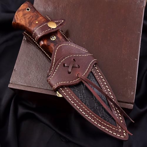 CraftTal. Jagdmesser-Taschenmesser-12 cm klinge Echtes 150 DamastStahl lagen Walnussholz Griff Ideal zum Häuten mit Lederscheide