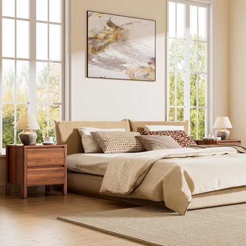 Image of Furniway Nightstands Set of 2, 2 Drawer Nightstand with Wood Legs, Mid-Century Modern Bedside Table with Storage, Wooden End Table for Bedroom, Walnut