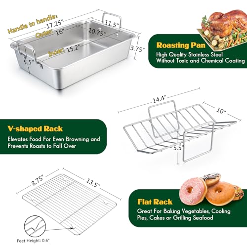 Roasting Pan, E-far 16 x 11.5 Inch Stainless steel Turkey Roaster with Rack - Deep Broiling Pan & V-shaped Rack & Flat Rack, Non-toxic & Heavy Duty, Easy Clean & Dishwasher Safe - Large - Thumbnail 2