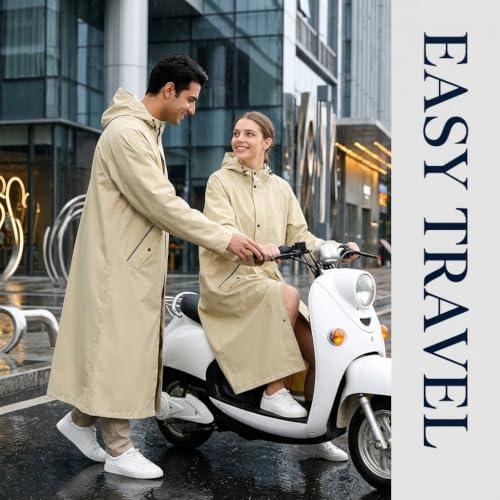 Image of PALAY Raincoat for Women Waterproof Full-Length Hooded Rain Poncho Beige Oversized Long Rain Jacket with Snap-Button&Pockets Trench-Style Rainwear for Hiking, Travel, Motorcycle Riding