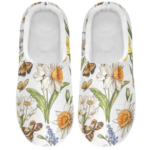 JUNZAN Spring Flowers Peonies Butterflies White Womens Cotton Slippers Breathable Memory Foam Travel Slippers for Hospital Funny Presents 6-7