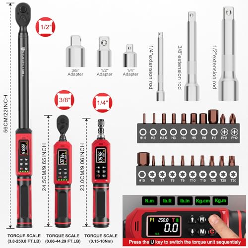 Image of SUERCUP 1 /4 inch&3 /8 inch&1 /2 inch Digital Torque Wrench Set, ±1% accuracy | 0.15-10Nm&0.66-44.29Ft.Lb /0.9-60N.m&3.8-250.8Ft.Lb /5.1-340Nm, 9 presets, 5 units, for Truck, Auto, Moto, Bike, Electronics