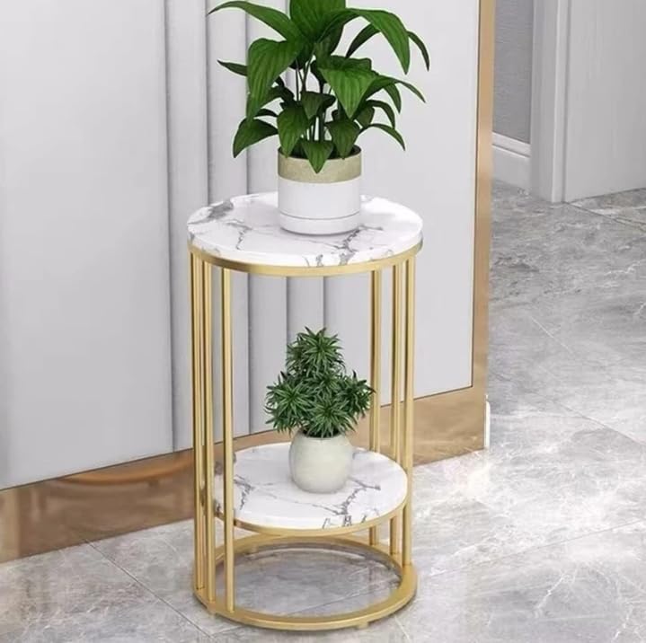 Two-Tier End Tables: Contemporary Faux Marble Top Bedside Table End Table with Storage Shelf for Living Room and Home Side and Corner Table Sofa End Table (Golden & White)-image-42