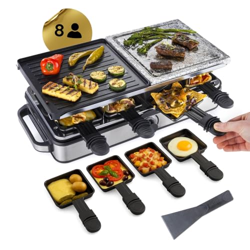 GOURMETmaxx 2-in-1 Raclette Set 8 Personen | Raclette mit Steinplatte und Aluminiumplatte inkl. 8 Pfännchen & Schabern | Raclette-Kombination mit Temperaturregelung | Elektrischer Grill für 8 Personen