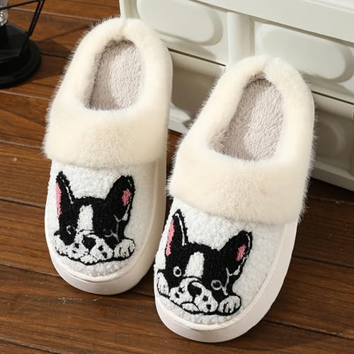 Women's Men's Cute Animals Bulldog Slippers Comfy Warm Plush Slip-On House Slipper for Winter Indoor Soft Cushion Non-Slip Thick Sole Fluffy Slides Slippers(38/39 EU, White)3