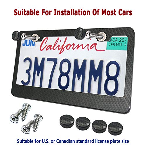 Youoy Carbon Fiber License Plate Frame- Black Aluminum Auto Car Tag Cover, 2 Pack Heavy Duty Holder For Us Front Rear Plate, With Mounting Hardware Kit- Screw Bolt Caps, Rattle Proof Pads #TOP4