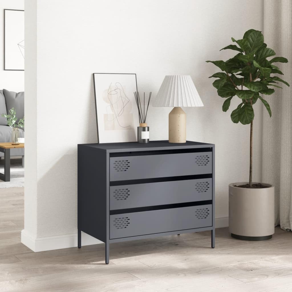 Acero laminado en frío con cajones estilo clásico Antracita 68x39x58 5 cm | Aparador 3 cajones antracita acero laminado en frío 68x39x58,5 cm mueble almacenaje para salón dormitorio oficina con sistema