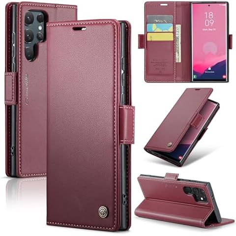 AUPAI for Samsung Galaxy S25 Ultra Wallet Case with Credit Card Holder, PU Leather RFID Blocking Folio Flip Kickstand Magnetic Clasp Protective Phone Cover for Women Men Wine Red Cover