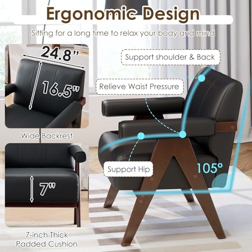 Image of STHOUYN Faux Leather Accent Chairs Set of 2, Wooden Arm Chairs (Black)