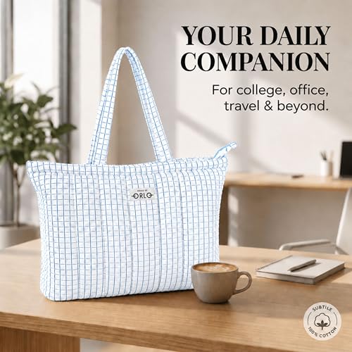 Image of Premium Cotton Waffle Quilted Tote Bag, Large Spacious Handbag for College, Office, Work, Travel, Shopping & Daily Use