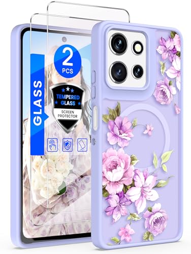 Yucenx for Motorola Moto G Power 5G 2025/2026 Floral Phone Case with 2X Screen Protector, Military Grade Magnetic Translucent Matte Girls Women Flower Pattern Protective Cover (Purple)