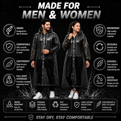 Image of Full Length Waterproof Raincoat for Men & Women | Hooded Transparent Rain Wear with Sleeves | Reusable Long Rain Jacket for Bike Riding, Travel, Camping & Monsoon Protection