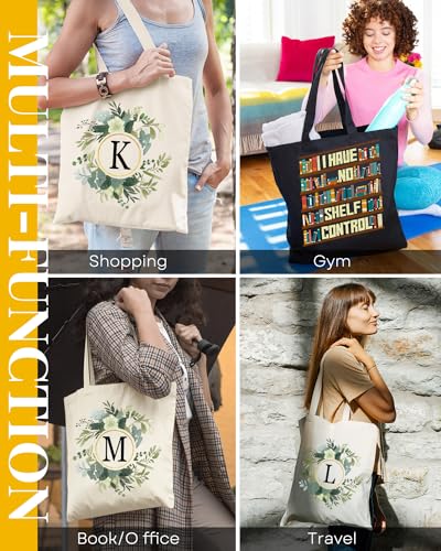 Image of AUSVKAI Canvas Tote Bag for Women, Cute Aesthetic Leaf Initial Trendy Cotton Reusable Personalized Birthday Bags