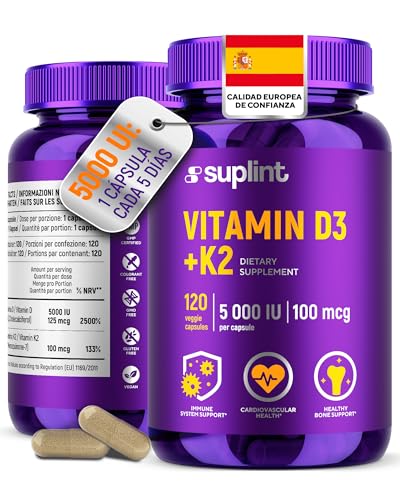 Vitamina D3 K2 Alta Dosis – 5000 UI Vitamina D + 100 µg ALL-TRANS K2 MK-7 ≥99% – 120 Cápsulas Veganas – Desarrollado en los Países Bajos – Certificado GMP – Apoyo a Huesos, Dientes e Inmunidad