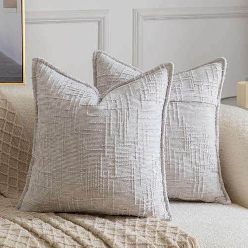 Image of MADIZZ Pack of 2 Chenille Throw Pillow Covers 24x24 Inch Light Grey Soft Neutral Decorative Throw Pillows for Couch Sofa Boho Accent Cushion Covers Modern Farmhouse Home Decor for Bedroom Living Room