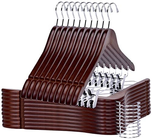 Hochwertige Kleiderbügel aus Holz mit Clips, glatte Massivholz, Hosenbügel mit langlebigen, verstellbaren Metallclips, Drehhaken, Mantel, Jacke, Bluse Anzug (Walnuss - Chromhaken, 20) Cover