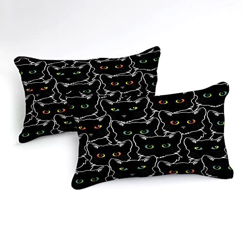 Cartoon Cat Comforter Set Twin Size Kids Bedding Set Black Cute Kawaii Kitten Pattern Lovely Animal Comforter 3 Pieces Twin 1 Comforter 1 Pillowcase 1 Cushion Cover #TOP3