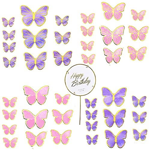 81 Pcs Butterfly Cupcake Toppers, Gold Round Acrylic Happy Birthday Cake Topper, Gold Pink Purple 3D Butterflies Cake Decorations For Birthday Wedding Party Supplies For Valentine's Day Gifts #TOP1