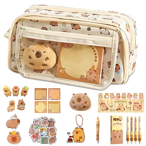 37 Piezas Juego de Papelería Capybara, Estuche para Lápices de Capybara, Estuche Capibara Papeleria, Set de Papelería Capibara con Lápices, Pegatinas, Broches, Muñecas, Regalo de Papelería para Niños