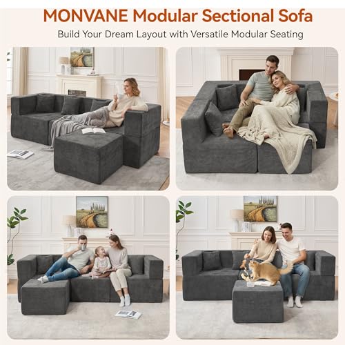 Image of MONVANE 103'' Modular Sectional Sofa, Comfy Chenille Cloud Couch with Ottoman, Modern Convertible L Shaped Couch with Deep Seat, Sectional Couches for Living Room, Bedroom and Apartment, Grey