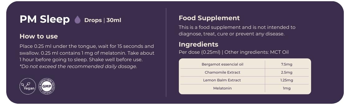 Sleep PM gotas para dormir a base de melatonina, manzanilla, melisa y bergamota 30 ml. Suplemento natural para el sueño sin gluten, lactosa ni alcohol. Sueño profundo y reparador
