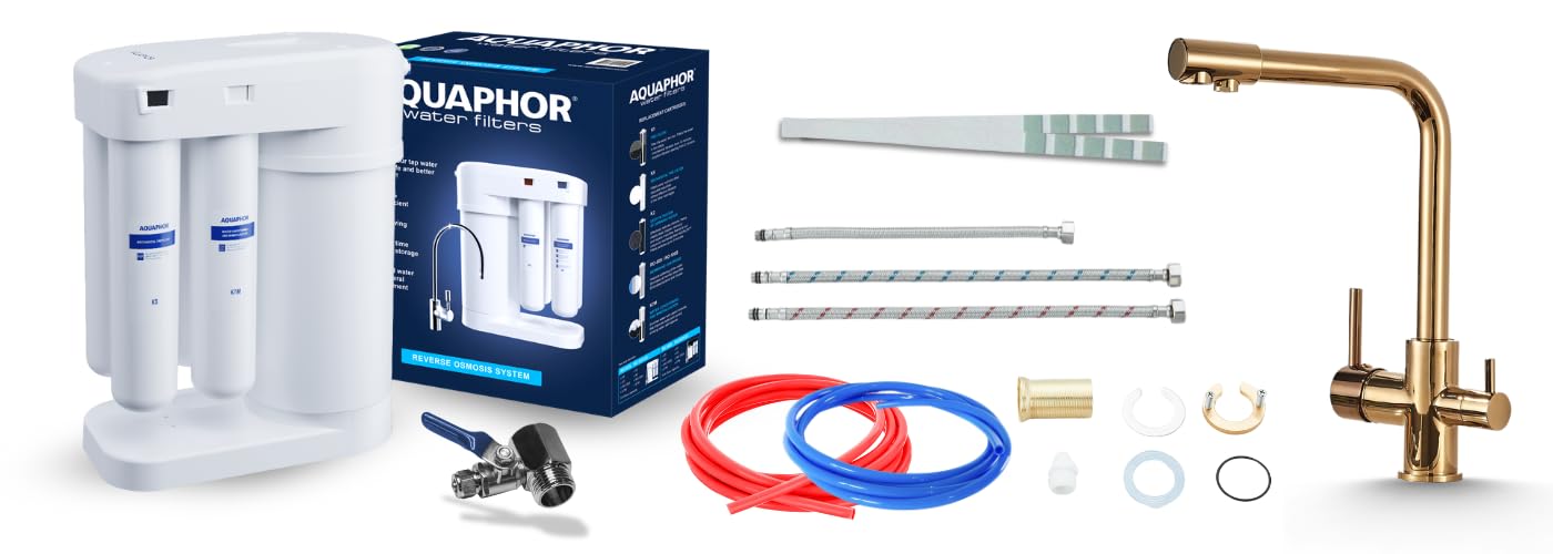 VENOM Grifo de cocina de 3 vías con sistema de filtro de agua de ósmosis inversa Aquaphor Morion RO-101S, filtración de 0,0005 µm, depósito de 5 litros, mineralización, boquilla de agua potable