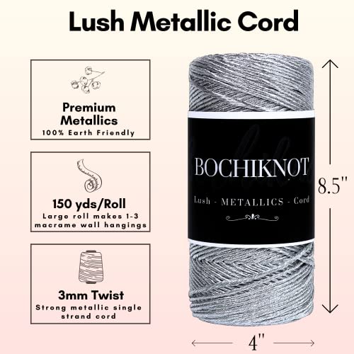 Bochiknot 3Mm Macrame Cord 150 Yards - Metallic Silver Cord For Macrame & Knotting - Macrame Supplies Silver Cord For Crafts - Silver Twine String - Silver Yarn For Macrame - Silver Thread For Crafts #TOP1