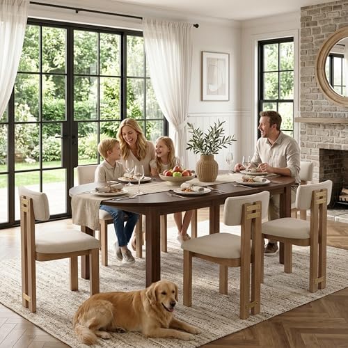 Image of HNY Modern Farmhouse Linen Dining Chairs Set of 4, Beige Fabric Upholstered Dining Room Kitchen Chairs with Natural Wood Frame & Curved-Back, Armless Accent Wood Chairs for Dining Room Living Room