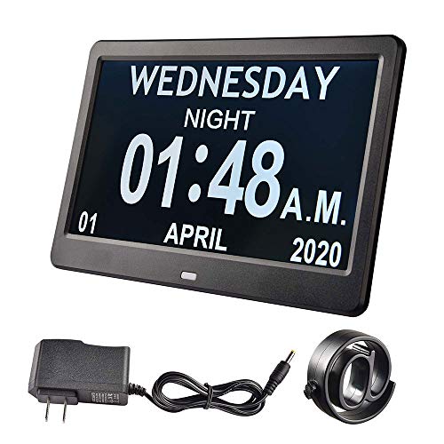 Yescom 10" Digital Day Clock with Large Display 8 Alarm Dementia Calendar Clock for Eledrly Senior Vision Impaired Black