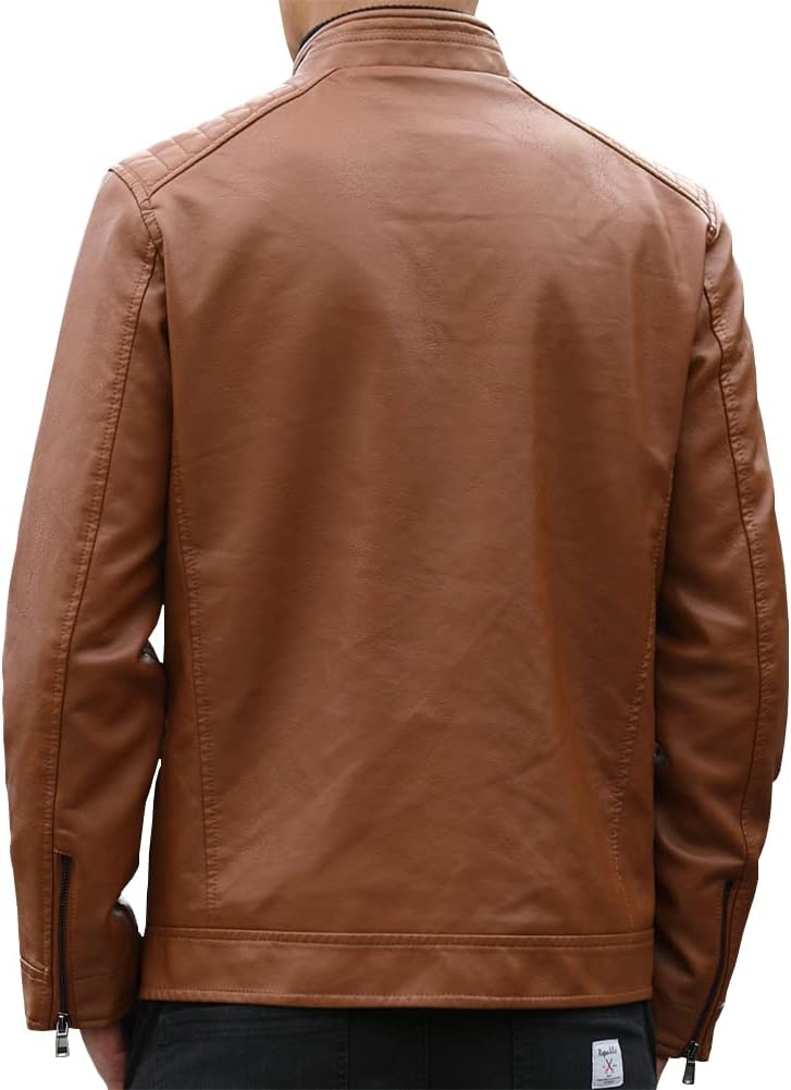 Mens Casual Stand Collar Faux Leather Jacket Biker Motorcycle Jackets - Image 4
