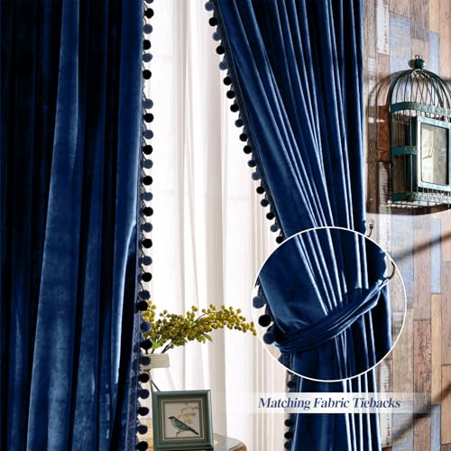 Image of Melodieux Pom Poms Wide Velvet Curtains for Living Room Patio Doors, Vintage Luxury Bedroom Rod Pocket Thermal Insulated Window Drapes, 100 inch W x 96 inch L, Royal Blue (2 Panels)