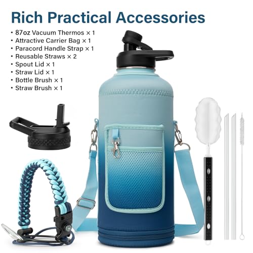 Insulated Water Bottle | Thickened Stainless Steel for Gym and Hiking with Straw, Carrier Bag, Handle Strap | BPA-Free 87 oz