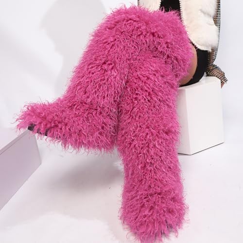 Image of Black Thigh High Fur Boots, Over the Knee Fluffy High Boots, Tall Furry shoes for Women
