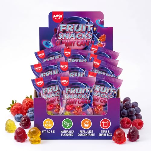 Image of Amos Fruit Snacks Gummy Candy, Astronaut Space Gummies, Made with Fruit Puree, Mixed Berry Flavor Fortified with Vitamin C, Soft Chewy On The Go Lunchbox Snacks, 8.47 oz (240g)
