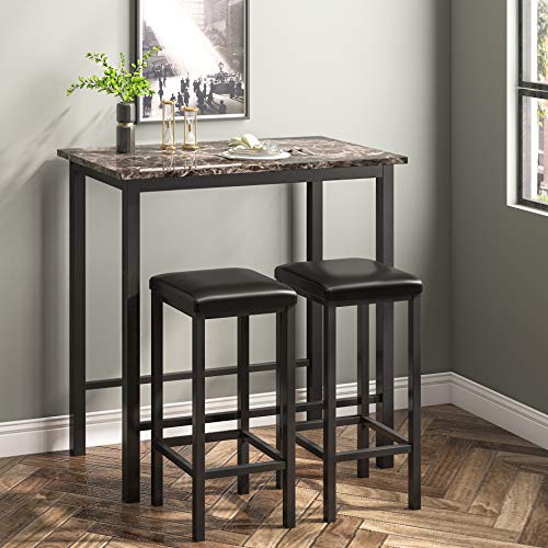 Homuy 3-Piece Pub Bar Table Set Counter Height Dining Set Marble Table Set