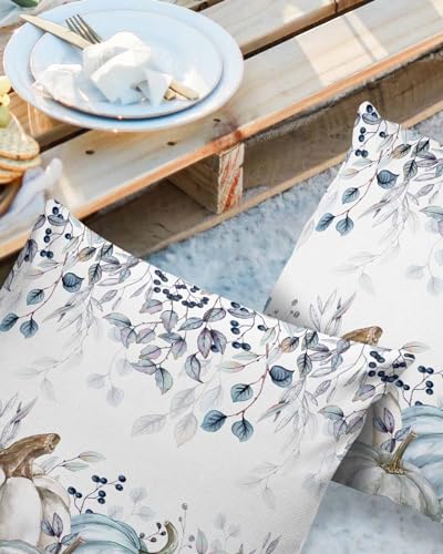 Edwiinsa Blue White Pumpkins Fall Outdoor Pillow Covers Waterproof, All Weather Cushion Case Set of 2, Maple Leaf Thanksgiving Decorative Pillowcases for Sofa Couch Bed Decor Patio Furniture 24