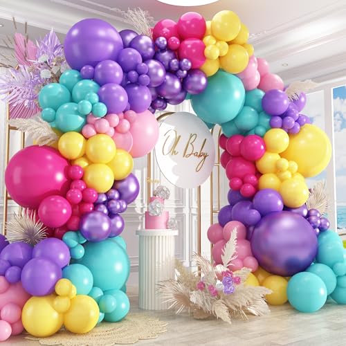 Image of 412pcs Purple Blue Pink Balloon Garland Arch Kit, 18 12 10 5 inch Different Sizes Hot Pink Metallic Purple Teal Yellow Balloons for Kid Magic Baby Shower Birthday Engagement Party Decoration