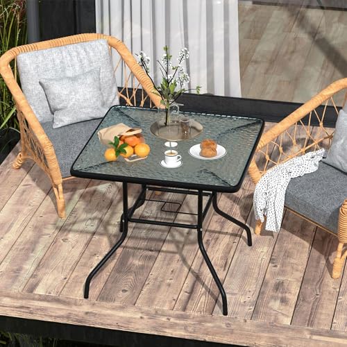 Capacmkseh 32" Patio Table with with Umbrella Hole, Square Outdoor Dining Table Bistro Table with Glass Table Top, Small Outdoor Table for Pool, Lawn, Backyard, Balcony