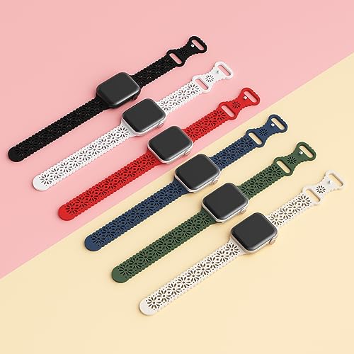 Image of 6 Pack Slim Thin Lace Hollow-out Silicone Bands Compatible with Apple Watch 38mm 40mm 41mm 42mm 44mm 45mm 46mm 49mm Women, Breathable Sport Strap for iWatch Series 11 /10 /9 /8 /7 /6 /5 /4 /3 /2 /1 Ultra SE