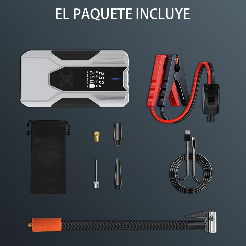 AWESAFE 12000Mha Inflador de Neumáticos 150PSI con Arrancador de Baterias de Coches (Todo Gasolina o 10L Diésel), Compresor de Aire Portátil para Coche con Pantalla LCD, Luz de Emergencia