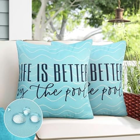 Adabana Blue Outdoor Waterproof Throw Pillow Covers 20x20 Inch Set of 2 Decorative Porch Pillows Cover for Patio Furniture Garden, Life is Better by The Pool Cover