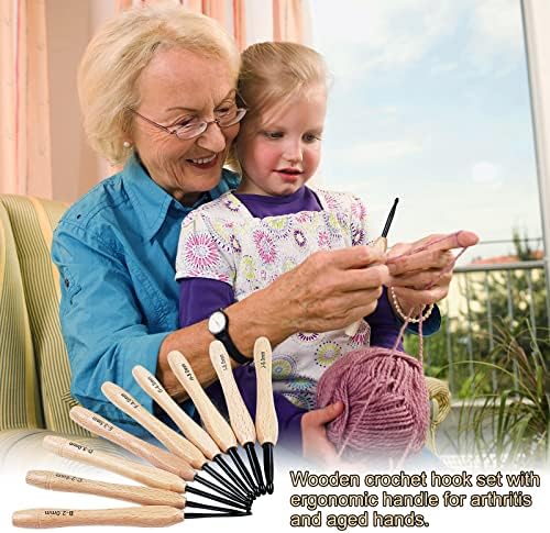 Aeelike Crochet Hooks Set Wooden Handle, Ergonomic Crochet Hooks for Arthritic Hands Full Set 2.0-6.0mm, 9Pcs Black Aluminium Wooden Crochet Needles Crochet Set for Beginners for Women