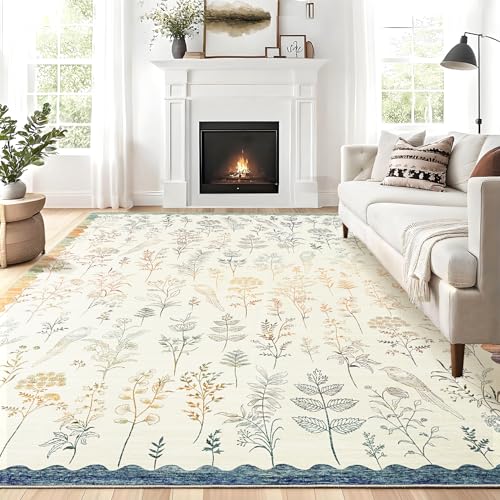 GarveeHome Washable 5x7 Rugs for Living Room Floral Scalloped Bedroom Area Rug, Non-Slip Dining Table Solid Neutral Throw Mat, Botanical Area Rug Carpet for Entry Basement Dorm Farmhouse,Beige